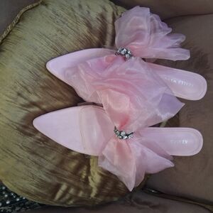 Azalea Wang Pink Mules with Bow Accent